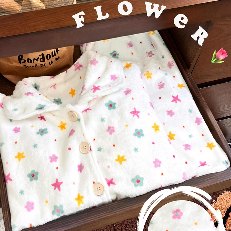 侘町2024年新款星星花花睡衣女秋冬加绒加厚法兰绒家居服套装冬款