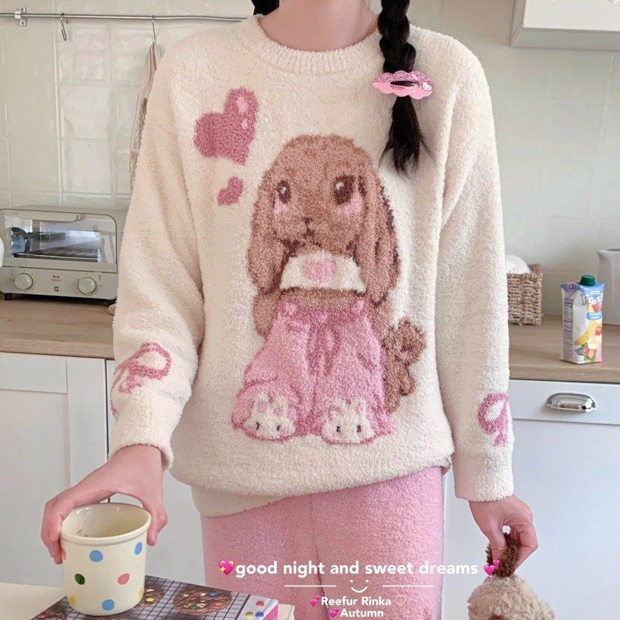 侘町2025新款女圆领加厚保提花玩具熊兔长袖睡衣套装可外穿家居服