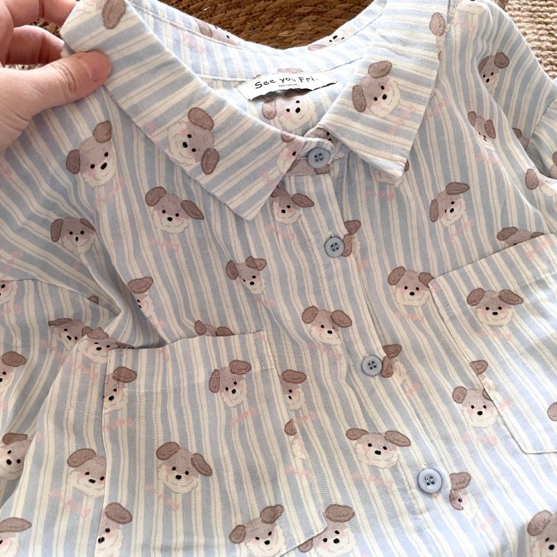 侘町睡衣女2025新款纯棉休闲可外穿baby蓝线条狗狗家居服秋冬套装