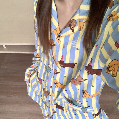 侘町2025年新款腊肠狗狗纯棉长袖睡衣女可外穿春秋条纹家居服套装
