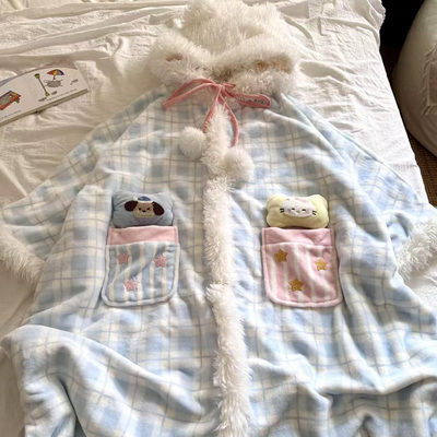 侘町2025秋冬新款睡衣蓝格星星被斗篷睡袍法兰绒卡通女加绒家居服