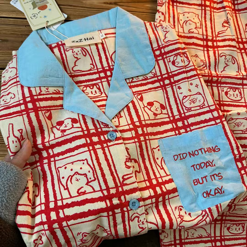 侘町2025年新款线条动物纯棉薄款长袖睡衣女卡通家居服套装春秋款,女士内衣/男士内衣/家居服,睡衣/家居服套装,淘宝优惠券,粉丝福利购,淘宝优惠卷