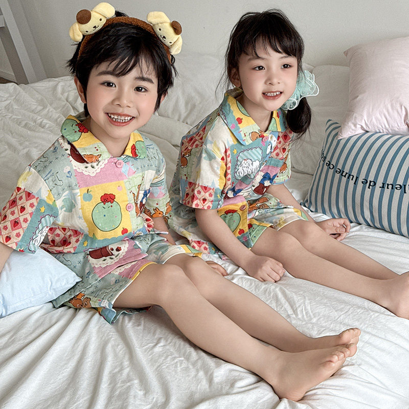 侘町2025年新款故事格子儿童夏季纯棉睡衣男女童中大童家居服套装