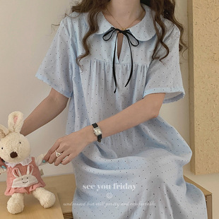 侘町2025年新款 波点娃娃领双层家居服睡衣夏天 短袖 睡裙女棉纱夏季