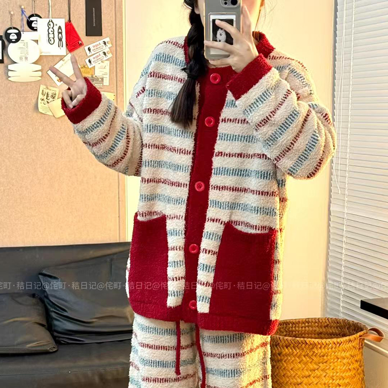 侘町2024新款新年红条纹长袖睡衣女秋冬季本命年红色半边绒家居服