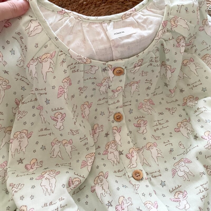 侘町睡衣女2025新款纯棉春秋长袖可外穿薄荷绿天使卡通套装家居服