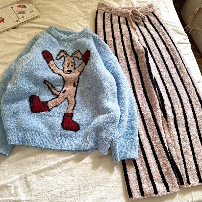 侘町2025新款拳击袋鼠睡衣女套装半边绒秋冬保暖加绒可外穿家居服