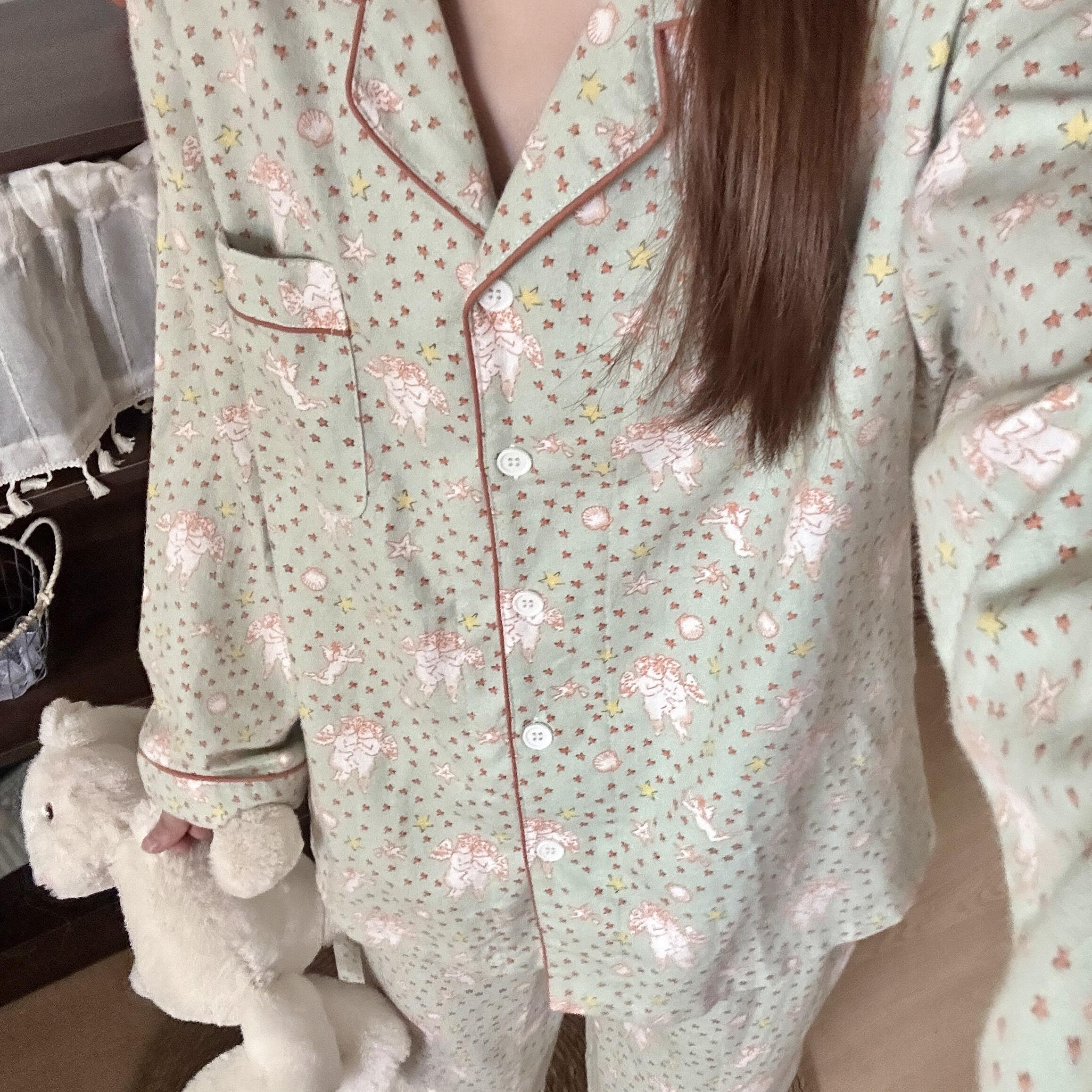 侘町2025年家居服新款星星天使纯棉磨毛加厚长袖春秋可外穿睡衣女