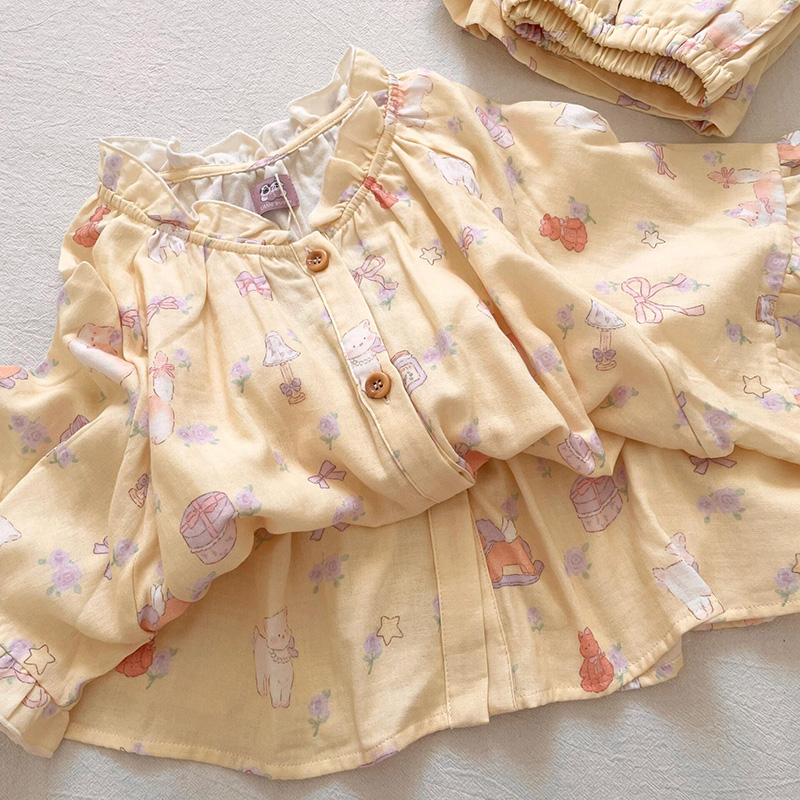 侘町2025年新款黄色碎花猫咪小熊木马短袖纯棉睡衣夏季卡通居家服