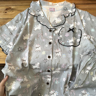 侘町2025新款 睡衣女夏天卡通纯棉家居服 灰色小羊花园纯棉短袖 短裤
