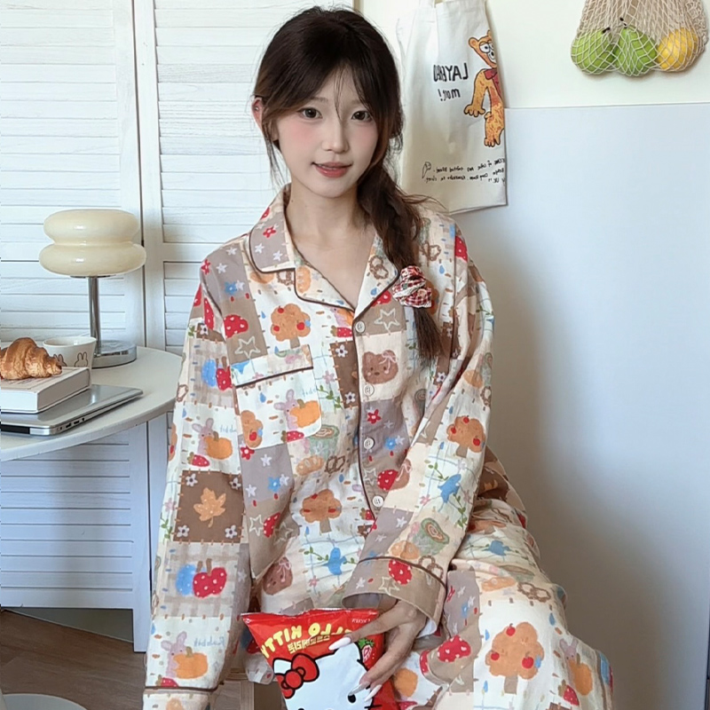 侘町2025年新款南瓜小熊春秋季纯棉睡衣套装女长袖卡通休闲家居服