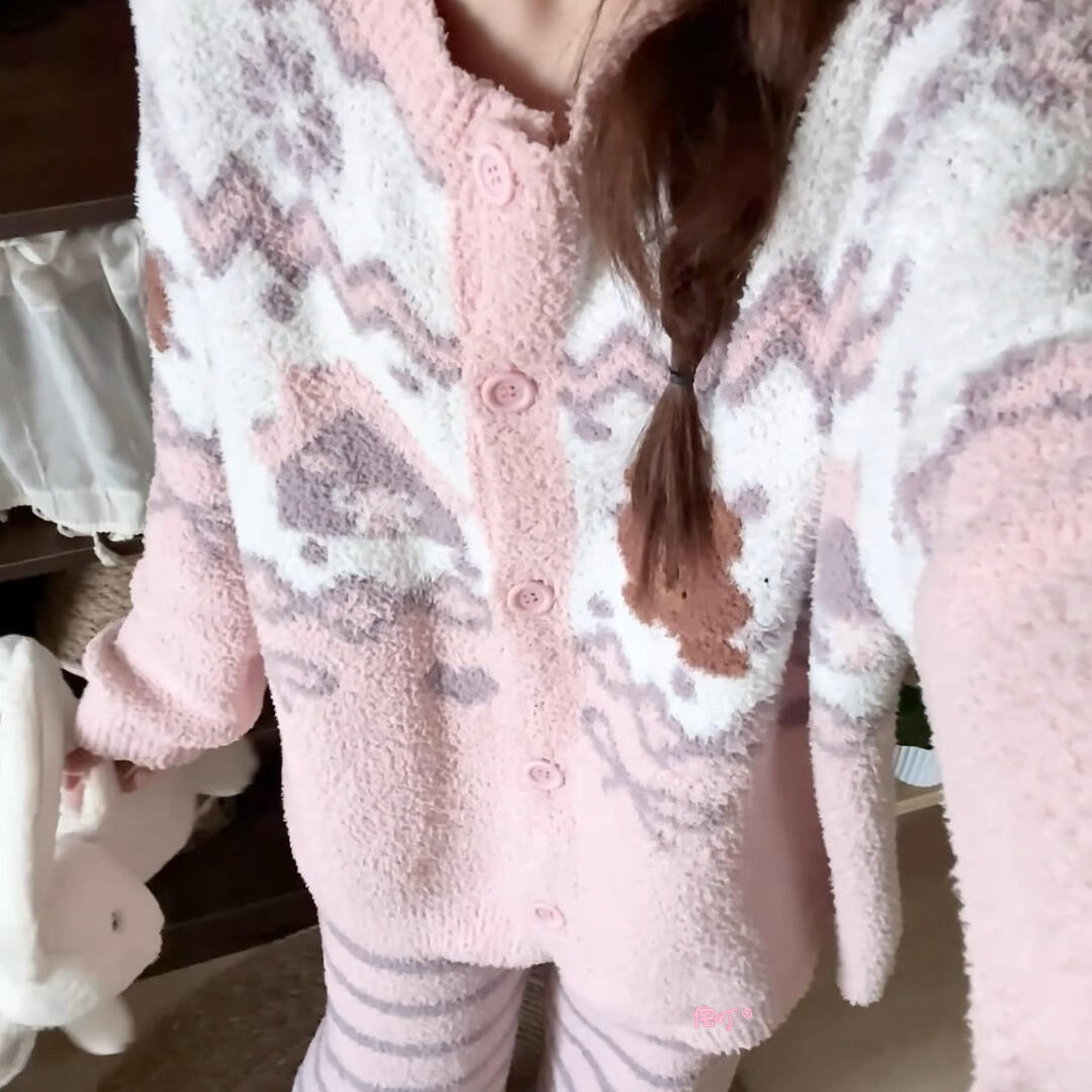 侘町2025年新款动物费尔岛秋冬季睡衣套装女半边绒保暖加厚家居服