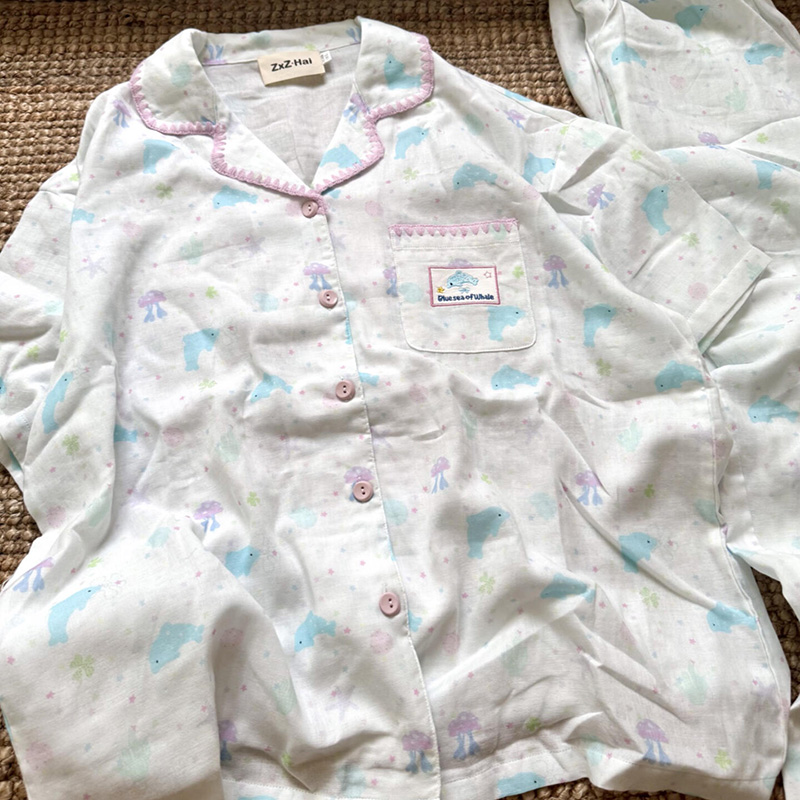 侘町2025年新款星星水母短袖长裤睡衣女纯棉夏季卡通可外穿家居服