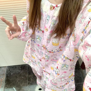 侘町2025家居服新款粉色斑点狗睡衣卡通休闲长袖纯棉双层秋季套装