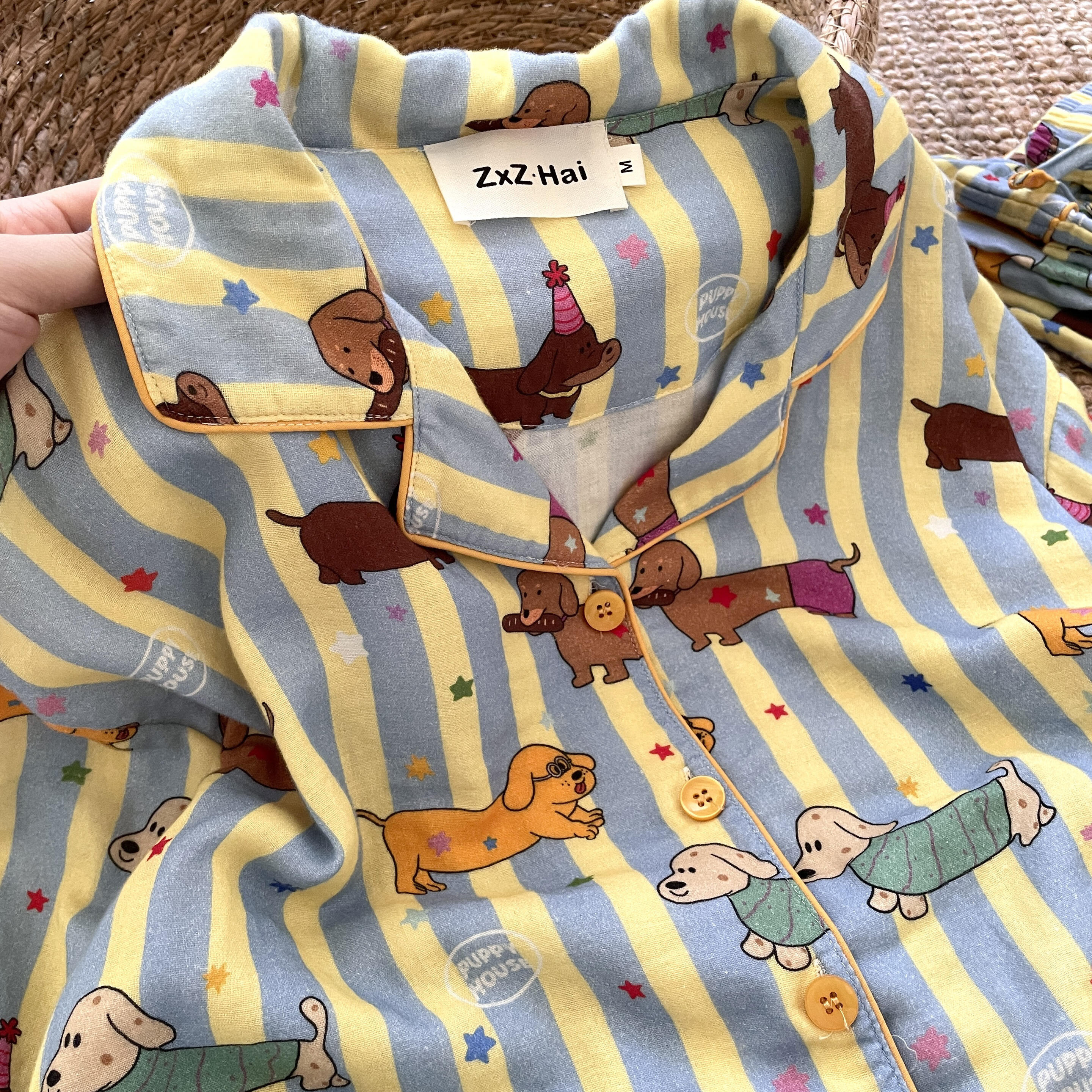 侘町2025年春秋新款条纹腊肠狗狗纯棉长袖睡衣女可外穿家居服套装