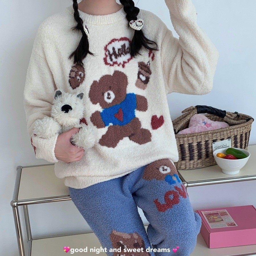 侘町2025新款女圆领加厚保提花野餐小熊居家长袖睡衣女套装家居服