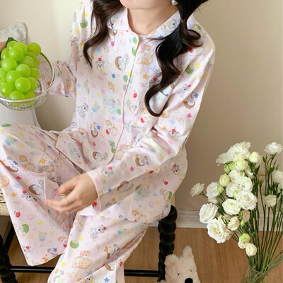 侘町2025新款睡衣女款纯棉磨毛椰子款家居服简约可爱翻领长袖套装