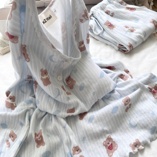 套装 针织提花棉带胸垫睡衣春秋季 晚安小熊长袖 侘町2025家居服新款