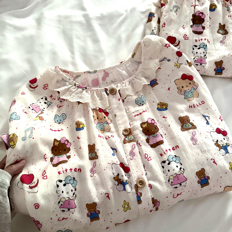 侘町2025新款复古凯蒂猫秋季纯棉双层婴儿纱布睡衣长袖家居服套装