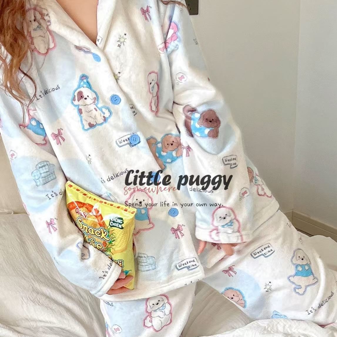 侘町2025新款秋冬法兰绒保暖卡通休闲睡衣可爱波点狗狗家居服套装