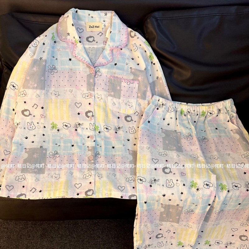 侘町2025新款纯棉棉纱y2k手绘星星睡衣卡通彩绘家居服可外穿套装