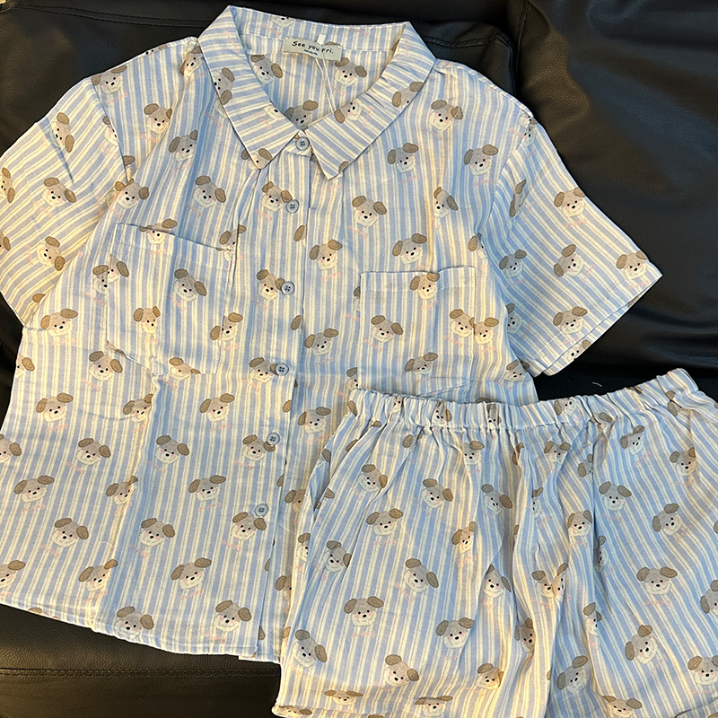 侘町2024新款线条小狗短袖睡衣女夏季薄款纯棉棉纱家居服套装夏款
