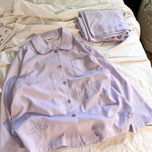 侘町2025年新款紫色星星贝壳长袖纯棉睡衣套装女春秋季卡通家居服