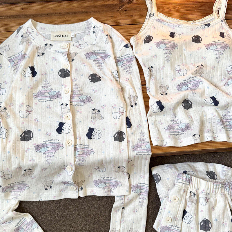 侘町2025夏季新款喷泉灰兔兔三件套短裤睡衣少女家居服套装含胸垫