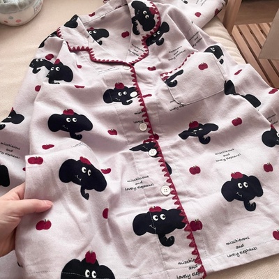 侘町纯棉睡衣女款2025新款卡通红果小象秋冬套装可外穿开衫家居服