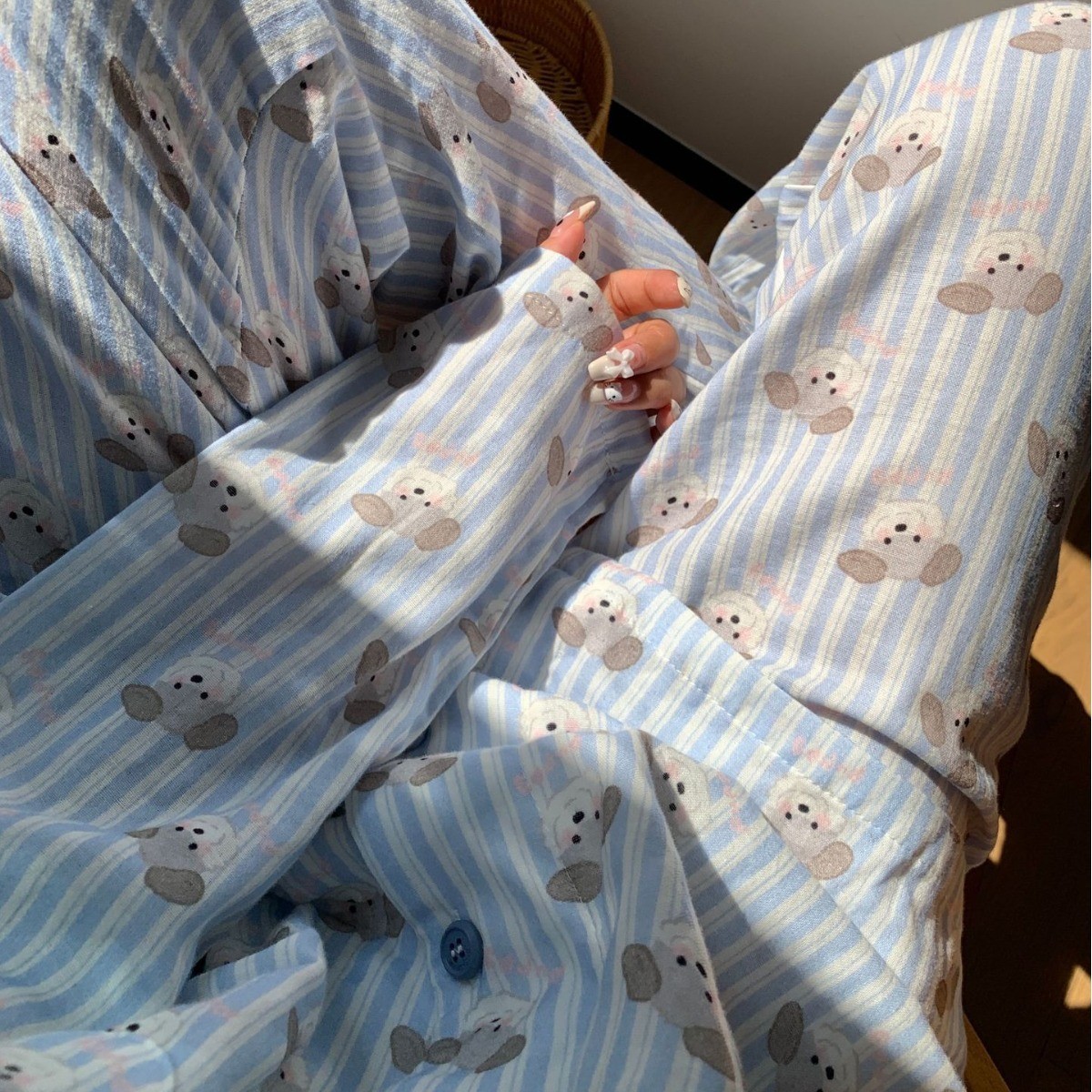 侘町2025新款秋冬全棉双层纱线条狗狗娃娃领可爱少女长袖长裤套装