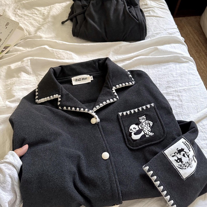 侘町2025秋冬新款熊猫刺绣德绒长袖睡衣女春秋季可外穿加厚家居服