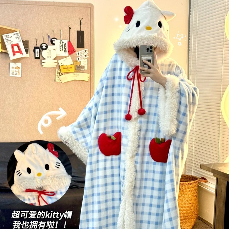 侘町冬季女士睡衣苹果格子法兰绒秋冬款可外穿斗篷睡袍家居服套装