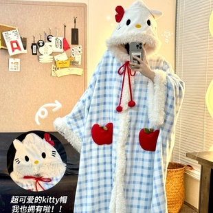 可外穿斗篷睡袍家居服套装 侘町冬季 女士睡衣苹果格子法兰绒秋冬款