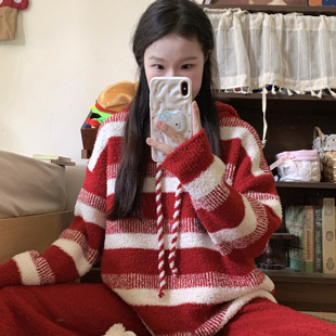 侘町2025家居服新款红白条纹半边绒本命年长袖睡衣女加绒冬季套装