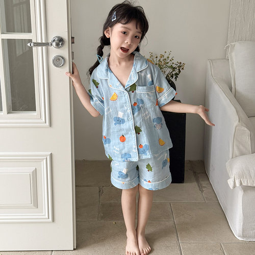 侘町2025年新款GOOD大象儿童夏季纯棉睡衣男女童中大童家居服套装
