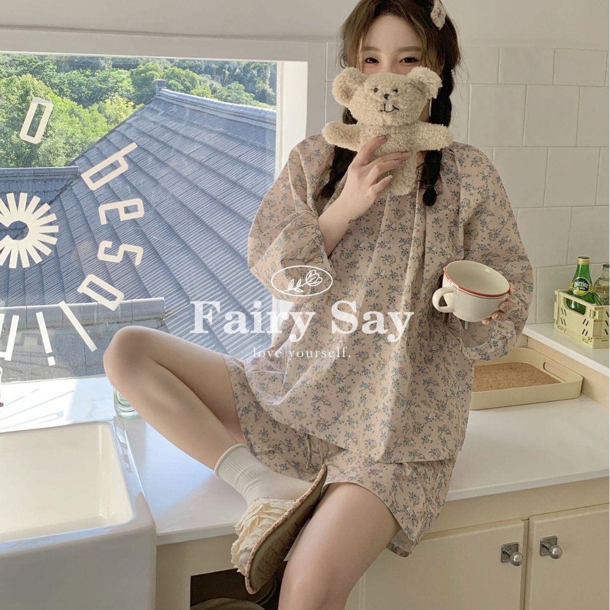 侘町2025新款七分袖纯棉睡衣长裤早秋套装居家风ins兔子复古碎花