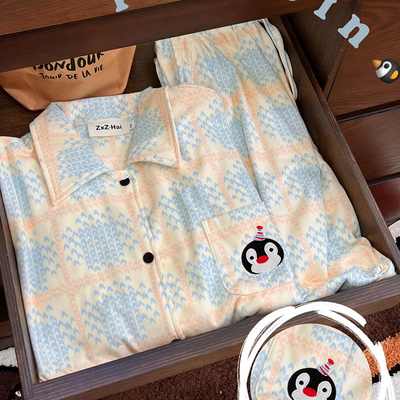 侘町2024年新款企鹅德绒长袖睡衣女春秋季可外穿加厚家居服秋冬款