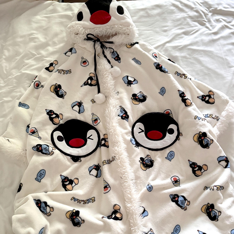 侘町2025新款睡衣企鹅pingu法兰绒睡袍女秋冬加绒加厚家居服斗篷