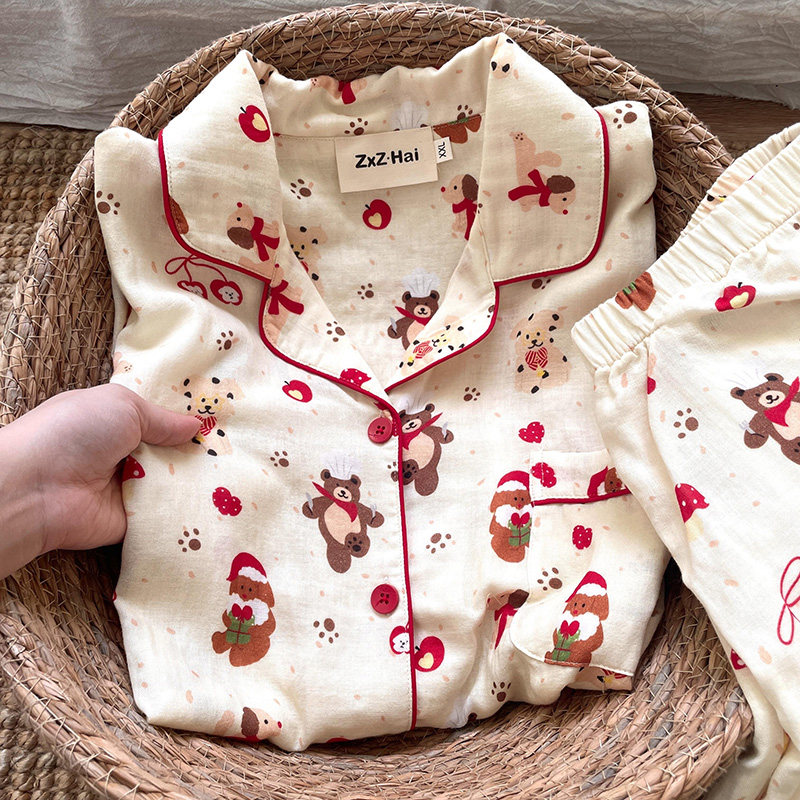 侘町2025新款圣诞厨师小熊纯棉短袖睡衣女夏季款可外穿卡通家居服