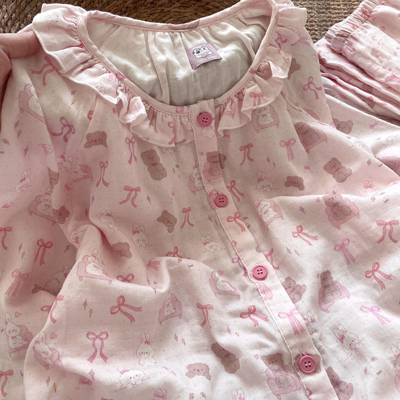 侘町2025新款卡通沙发兔与小熊早秋家居服纯棉全棉长袖睡衣套装女