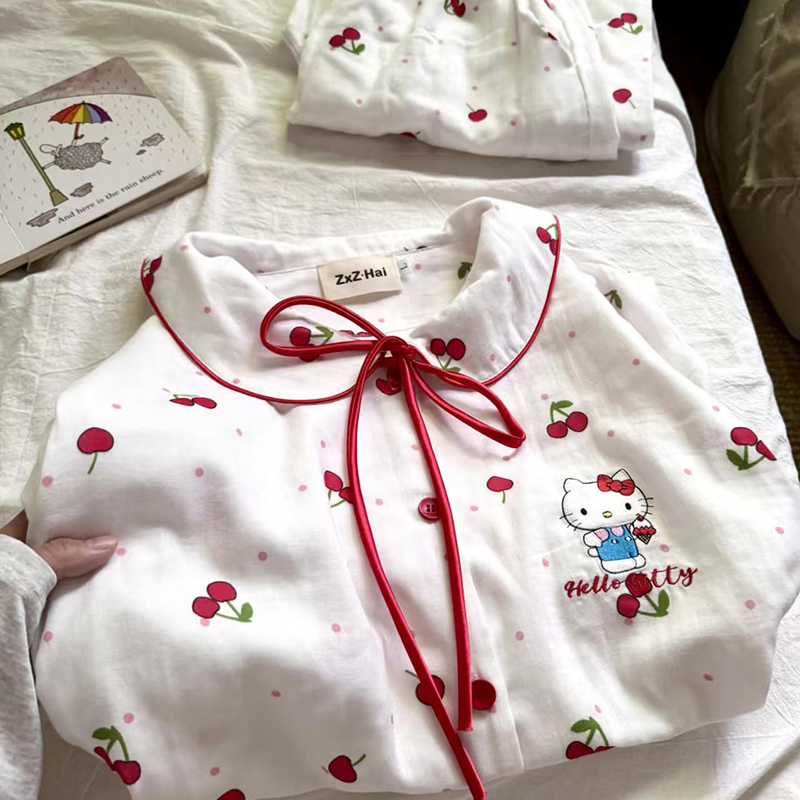 侘町2025新款樱桃Kitty长袖睡衣套装女卡通秋季纯棉可外穿家居服