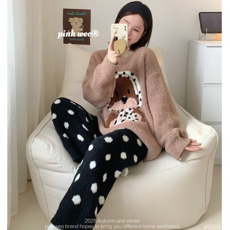 侘町2025秋冬季新款圆点头巾狗狗半边绒软绵绵女款居家服休闲睡衣