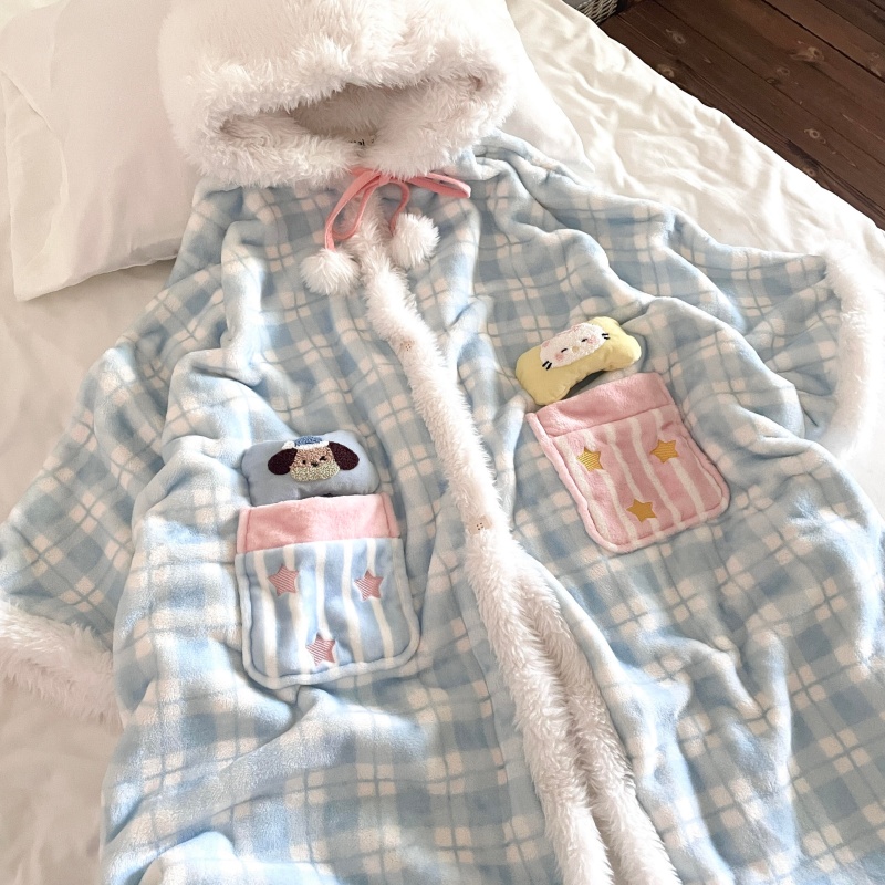 侘町蓝格星星被2025冬季新款加绒斗篷睡袍卡通睡衣法兰绒女家居服