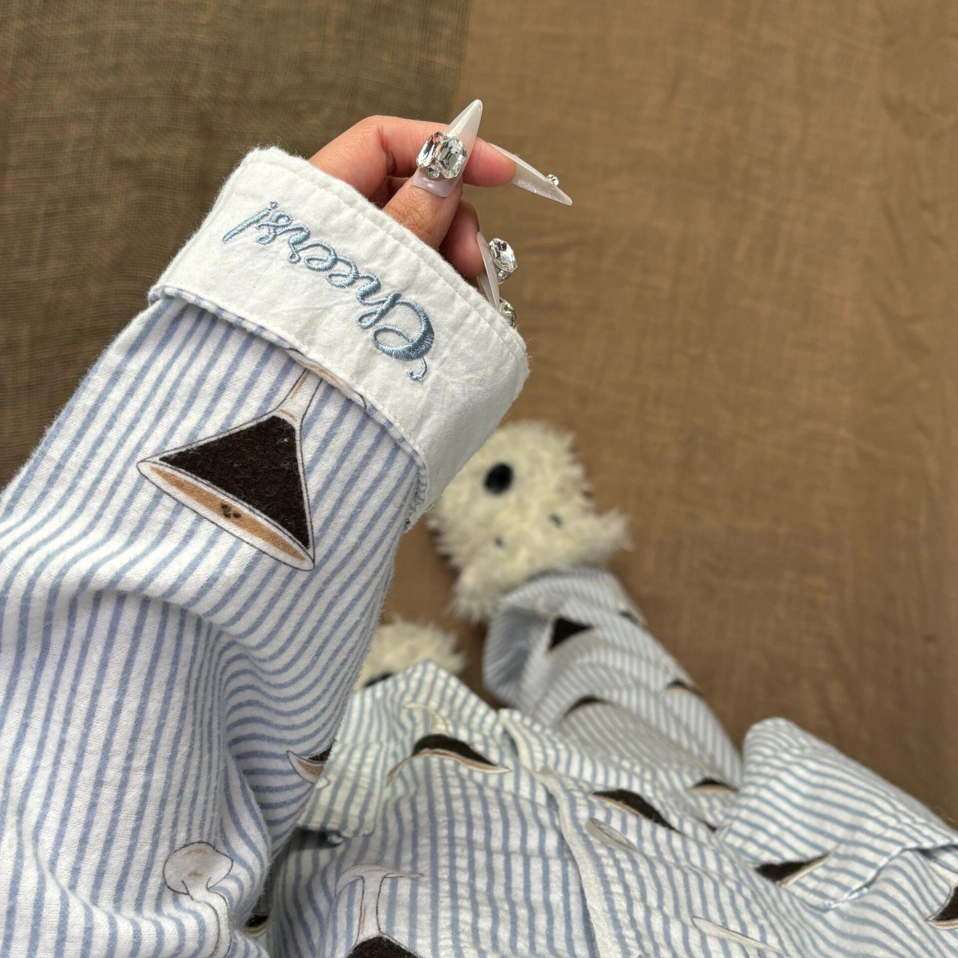 侘町2025年春秋季新款兰条饮料磨毛长袖睡衣可外穿少女卡通家居服