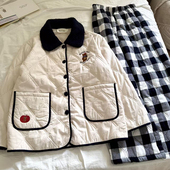 加绒加厚三层夹棉家居服套装 侘町2025新款 黑白格小熊睡衣女秋冬季