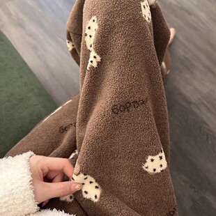 侘町2025新款咖啡斑点狗雪粒绒宽口加厚休闲睡裤女百搭慵懒家居裤