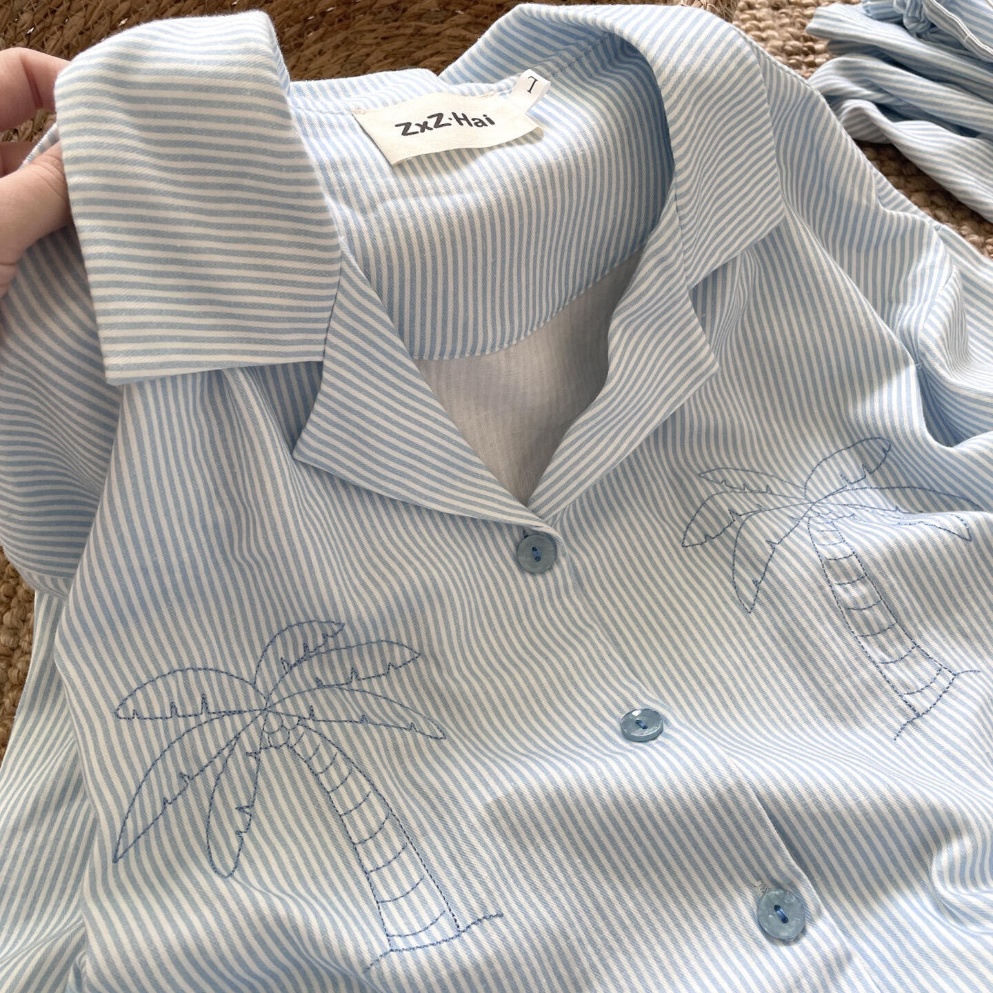 侘町2025年春秋季新款蓝色条纹椰子树纯棉长袖居家睡衣卡通家居服,女士内衣/男士内衣/家居服,睡衣/家居服套装,淘宝优惠券,粉丝福利购,淘宝优惠卷