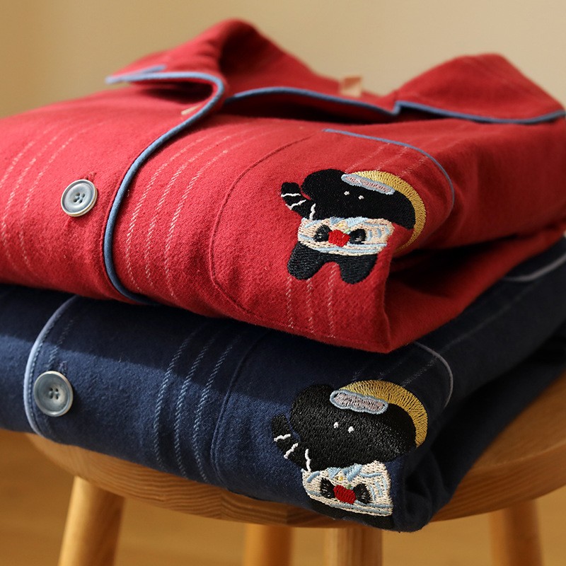 侘町2025年新款秋冬男女情侣红色条纹纯棉磨毛双股绒睡衣长袖套装