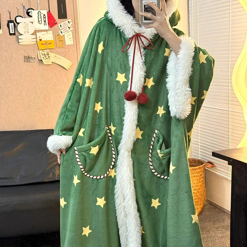 侘町2024年新款圣诞雪人法兰绒睡袍女秋冬款可外穿家居服斗篷睡衣