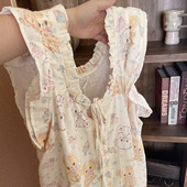 侘町2025家居服新款 少女卡通奶油小熊纯棉双层纱布少女无袖 睡裙夏